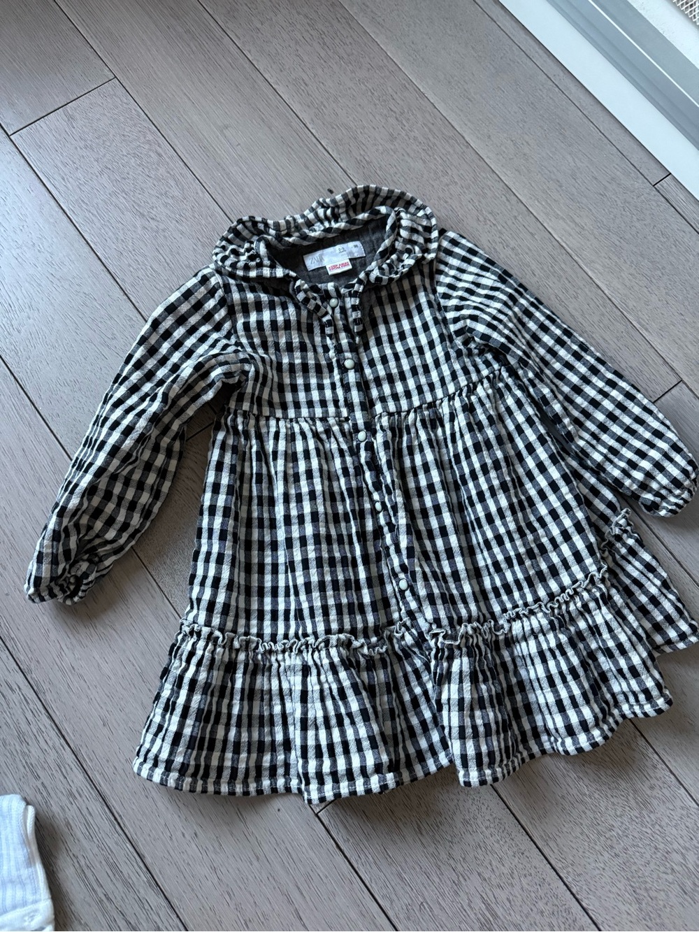 2-3T ZARA Girls Black & White Gingham Ruffle Button-Front Dress
